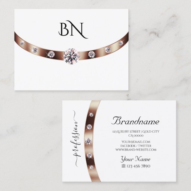 Luxury Vit ros Guld med Monogram och diamanter Visitkort (Fram/baksida)