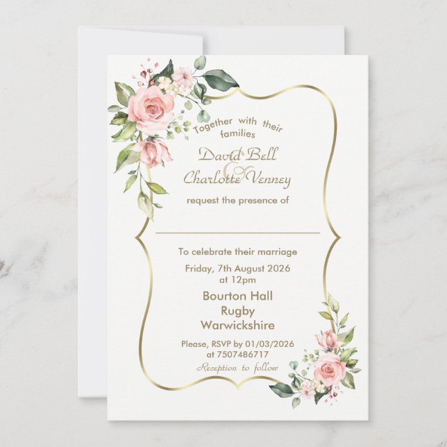 Luxury Watercolor  Rosa Flowers Guld Bröllop Inbjudningar (Framsida)