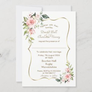 Luxury Watercolor Rosa Flowers Guld Bröllop Inbjudningar