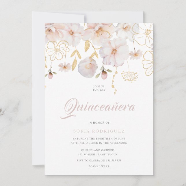 Luxury Watercolor Wildblommor  Quinceanera Inbjudningar (Framsida)