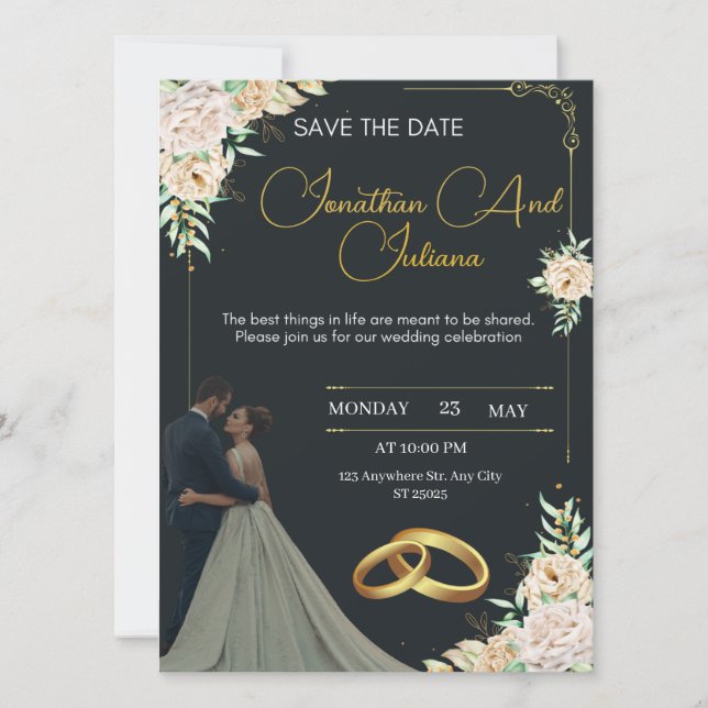 Luxury Wedding Invitation Black and Gold Inbjudningar (Framsida)