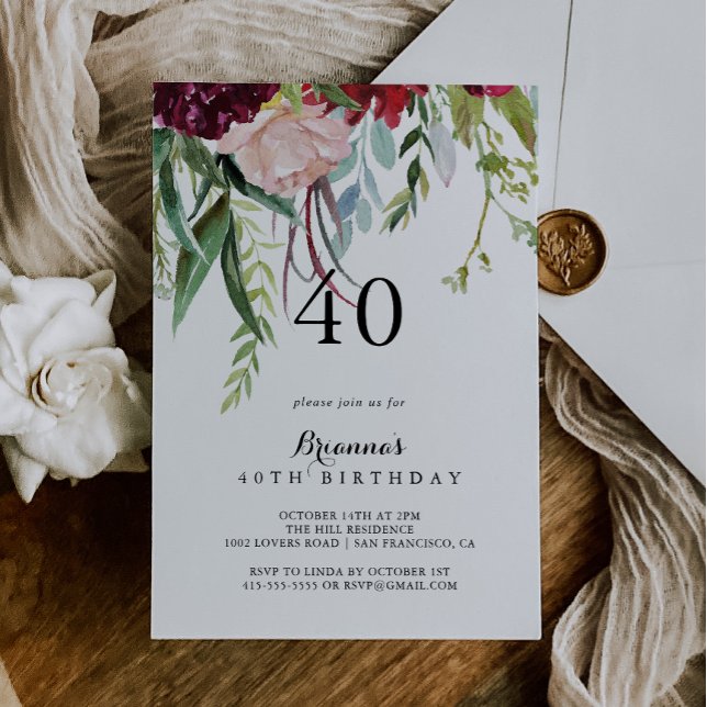Luxury Whimsical Boho Blommigt 40:e födelsedagen P Inbjudningar (Skapare uppladdad)