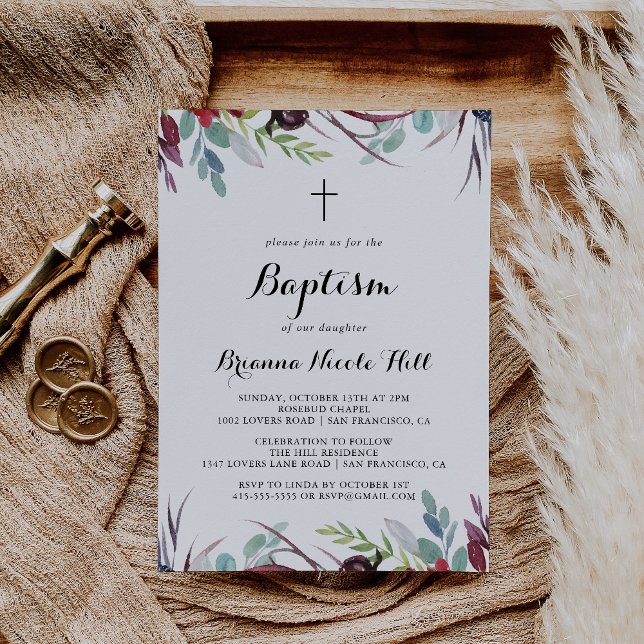 Luxury Whimsical Boho Blommigt Calligraphy Baptism Inbjudningar (Skapare uppladdad)