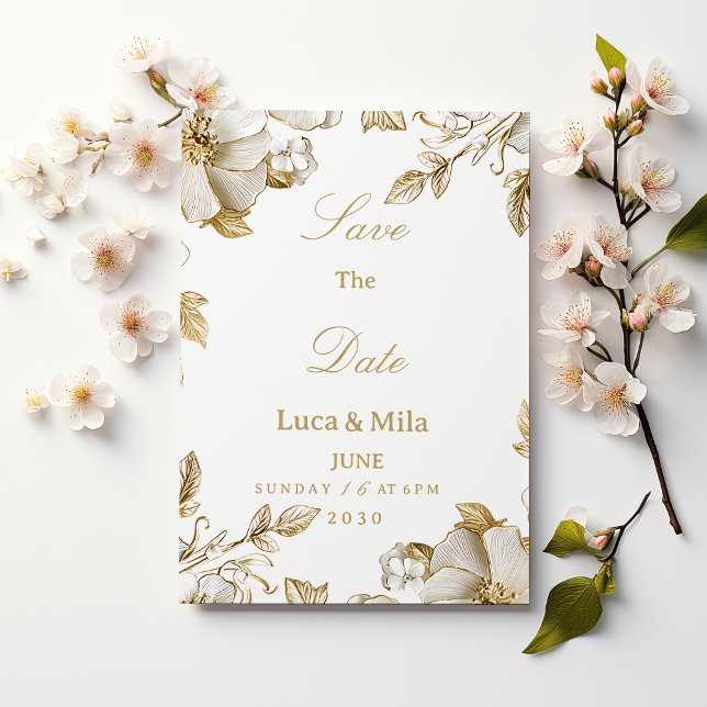 Luxury white and gold floral Save the Date Inbjudningar (Luxury white and gold floral Save the Date)