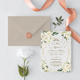 Luxury White Blommigt Guld Mis Quince Quinceañera Inbjudningar