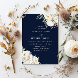 Luxury White Blommigt Premium Navy Bröllop Inbjudningar
