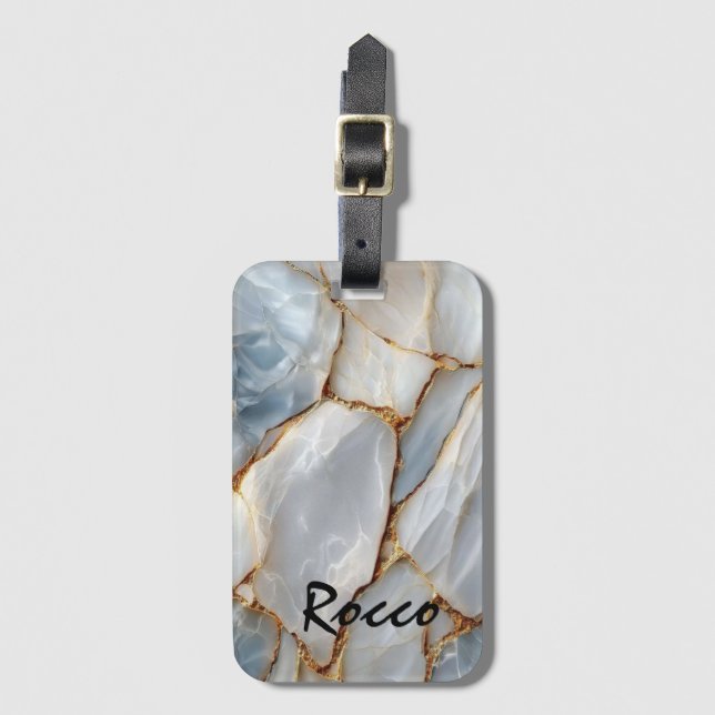 Luxury White Blue Marble & Gold Veins Agate Stone  Bagagebricka (Framsida vertikal)