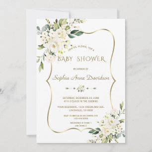 Luxury White Cream Flowers Guld Baby Shower Inbjudningar