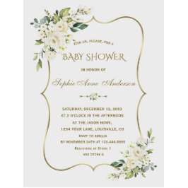 Luxury White Cream Flowers Guld Baby Shower Inbjudningar