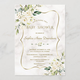 Luxury White Cream Flowers Guld Marble Baby Shower Inbjudningar