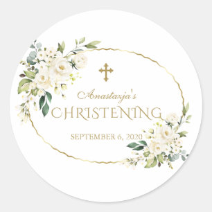 Luxury White Flowers Guld Christening Runt Klistermärke