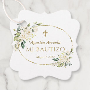 Luxury White Flowers Guld Mi Bautizo Gåvor Etiketter