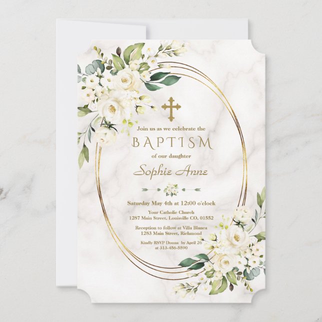 Luxury White Flowers Marble Guld Kor Baptism Inbjudningar (Framsida)