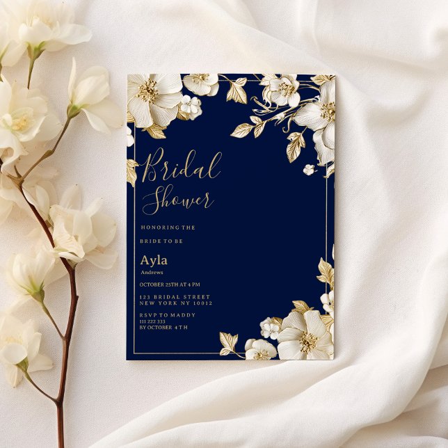 Luxury white gold floral navy blue Bridal Shower Inbjudningar (Luxury white gold floral navy blue Bridal Shower)