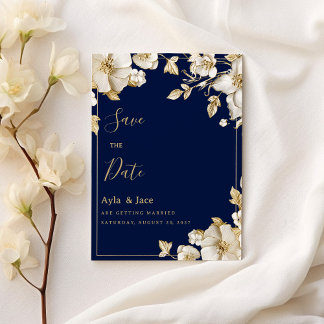 Luxury white gold floral navy blue Save the Date Inbjudningar