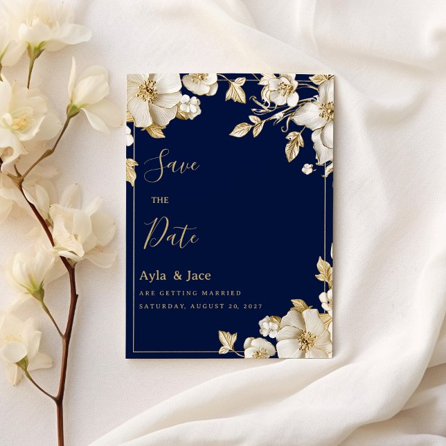 Luxury white gold floral navy blue Save the Date Inbjudningar (Luxury white gold floral navy blue Save the Date)