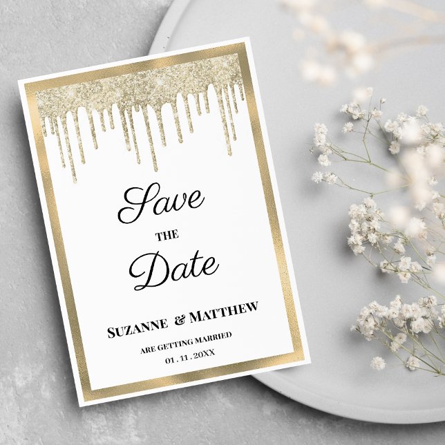 Luxury white gold glitter drips Save the Date Inbjudningar (Luxury white gold glitter drips Save the Date)