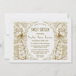 Luxury White Guld Art Deco Peacocks Sweet sixteen Inbjudningar