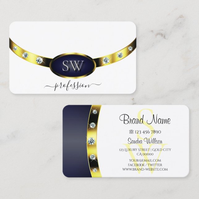 Luxury White Guld Blue med Monogram Professionell Visitkort (Fram/baksida)