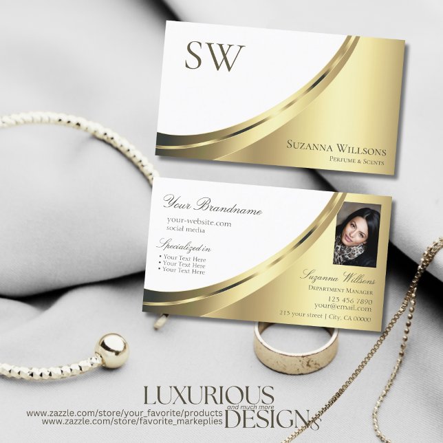 Luxury White Guld Decor med Monogram och Photo Visitkort (Skapare uppladdad)