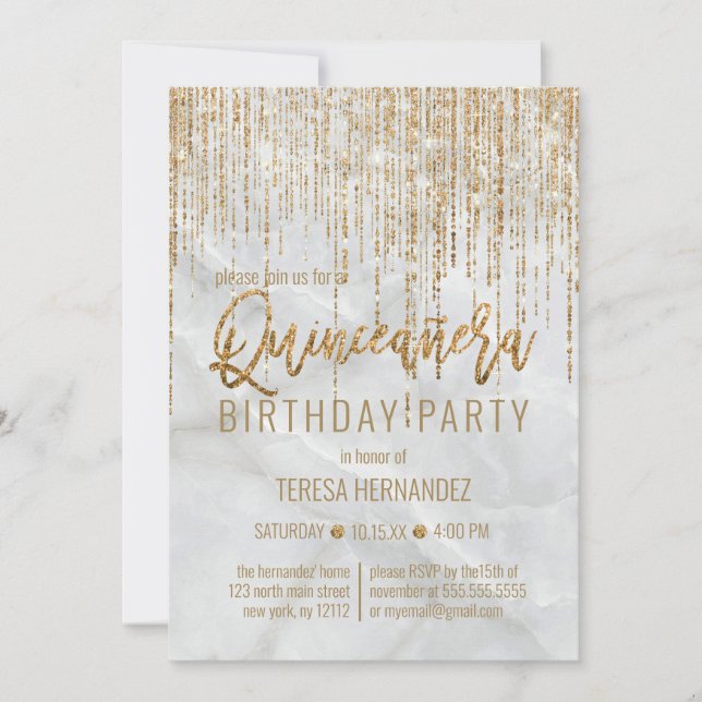 Luxury White Guld Glitter Pearl Marble Quinceañera Inbjudningar (Framsida)