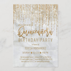 Luxury White Guld Glitter Pearl Marble Quinceañera Inbjudningar