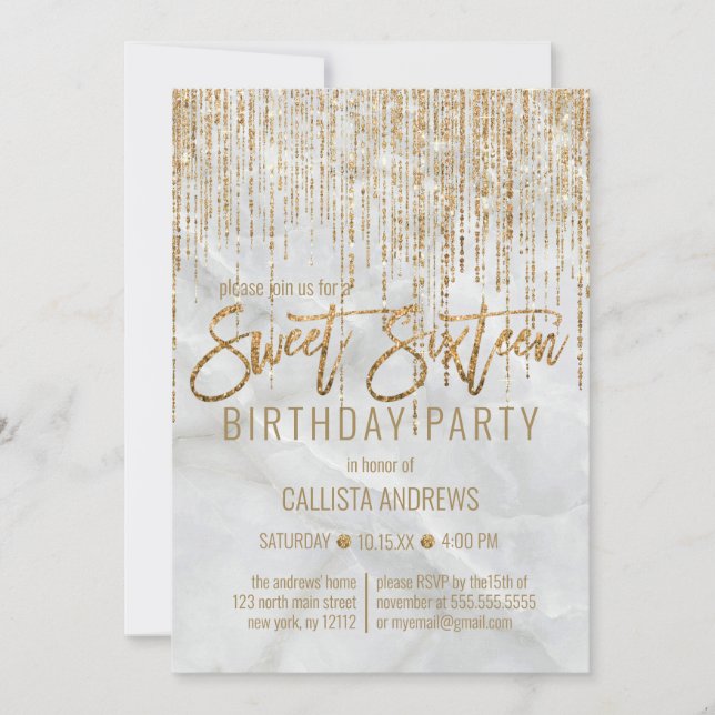 Luxury White Guld Glitter Pearl Marble Sweet 16 Inbjudningar (Framsida)