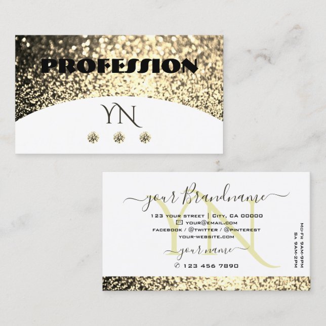 Luxury White Guld Sparkling Glitter med Monogram Visitkort (Fram/baksida)