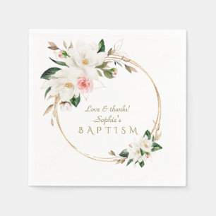 Luxury White Magnolia Rosa Blommigt Guld Baptism Pappersservett