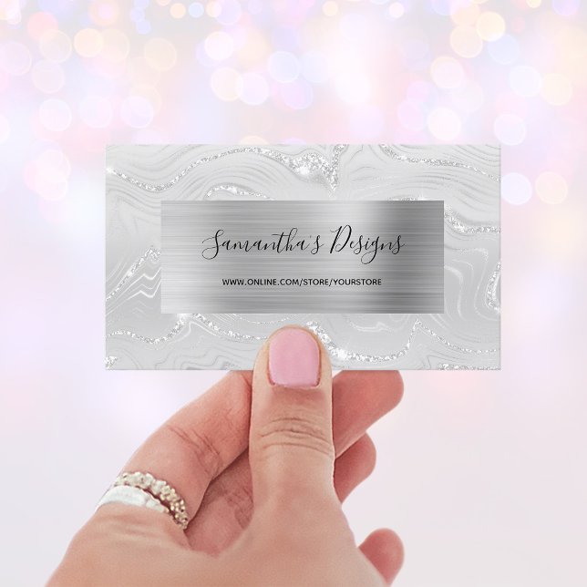 Luxury White Marble Agate Glam Silver Foil Visitkort (Luxury White Marble Agate Glam Silver Foil Business Card)