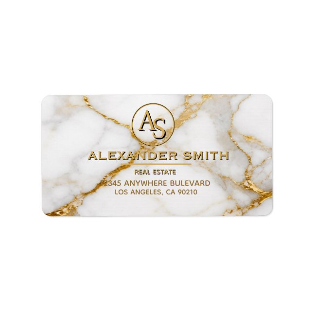 Luxury White Marble Gold Monogram Real Estate  Adressetikett (Framsidan)