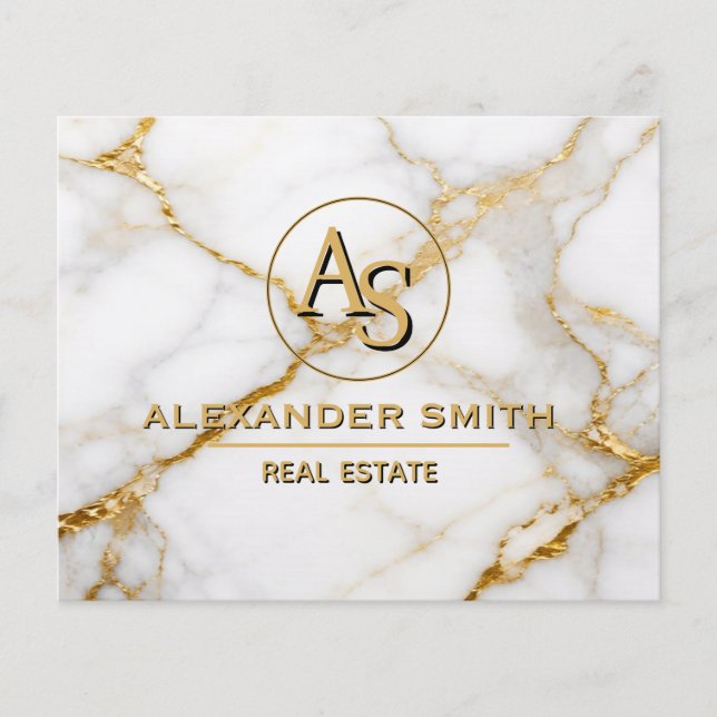 Luxury White Marble Gold Monogram Real Estate  Flygblad (Framsidan)