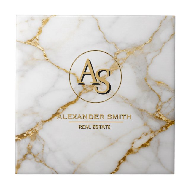 Luxury White Marble Gold Monogram Real Estate  Kakelplatta (Framsidan)