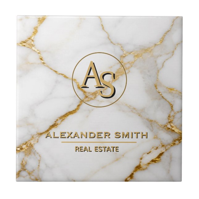 Luxury White Marble Gold Monogram Real Estate  Kakelplatta (Framsidan)
