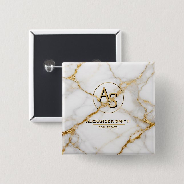Luxury White Marble Gold Monogram Real Estate  Knapp (Framsida & baksida)