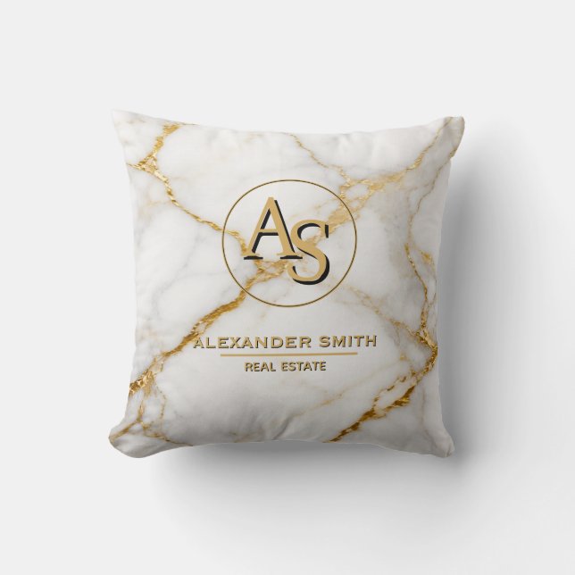 Luxury White Marble Gold Monogram Real Estate  Kudde (Framsida)
