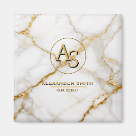 Luxury White Marble Gold Monogram Real Estate Magnet