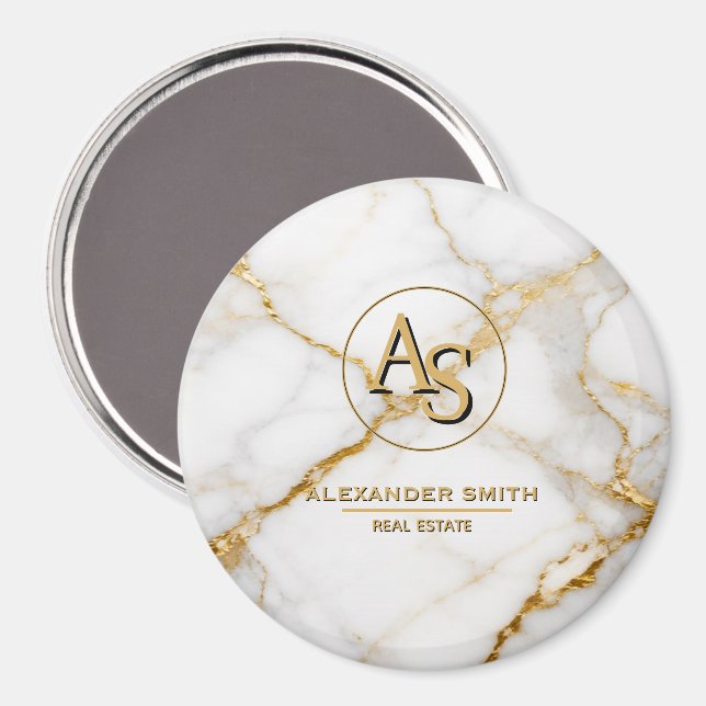 Luxury White Marble Gold Monogram Real Estate  Magnet (Front/Back)