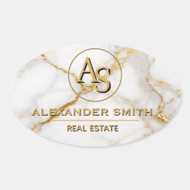 Luxury White Marble Gold Monogram Real Estate Ovalt Klistermärke