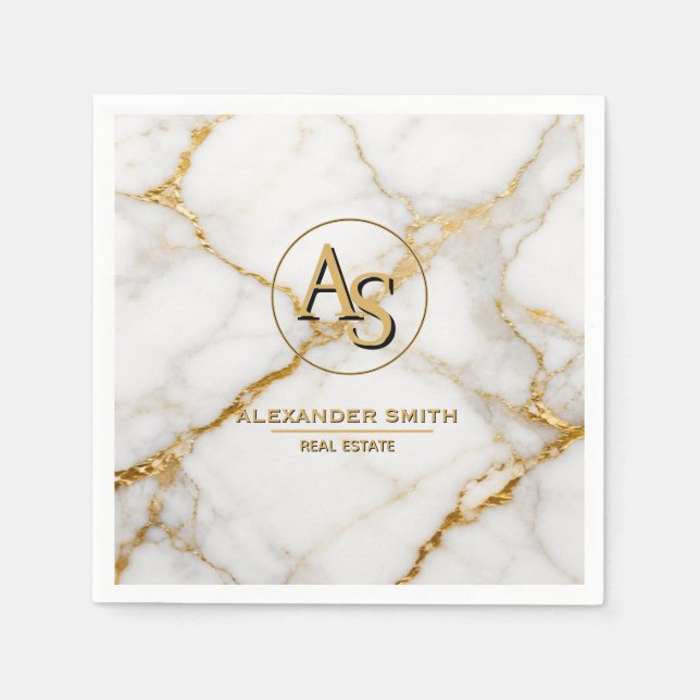Luxury White Marble Gold Monogram Real Estate  Pappersservett (Framsidan)