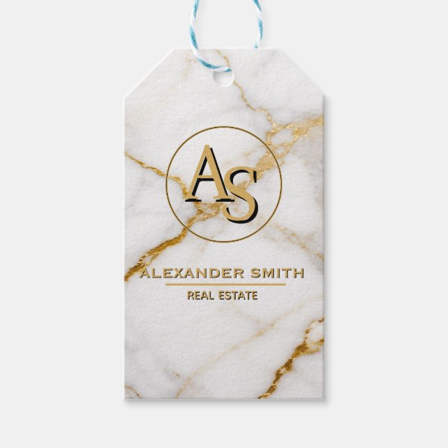 Luxury White Marble Gold Monogram Real Estate  Presentetikett (Framsidan)