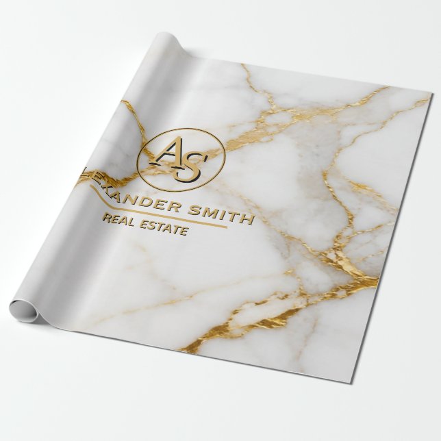 Luxury White Marble Gold Monogram Real Estate  Presentpapper (Utrullad)