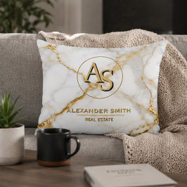Luxury White Marble Gold Monogram Real Estate Prydnadskudde