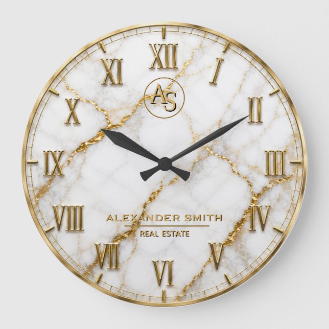 Luxury White Marble Gold Monogram Real Estate  Stor Klocka (Framsida)