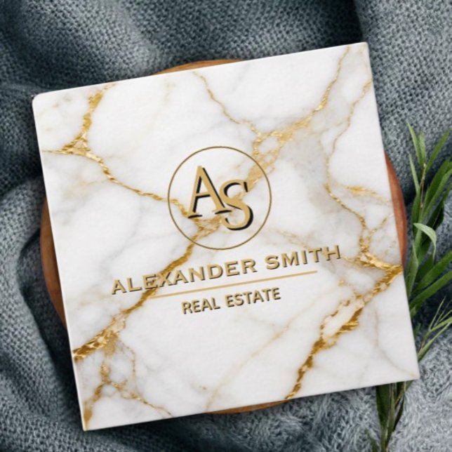 Luxury White Marble Gold Monogram Real Estate  Tidsbeställning Kort (Skapare uppladdad)
