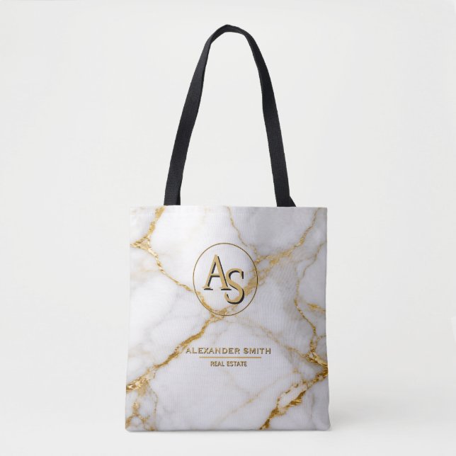 Luxury White Marble Gold Monogram Real Estate  Tygkasse (Framsida)