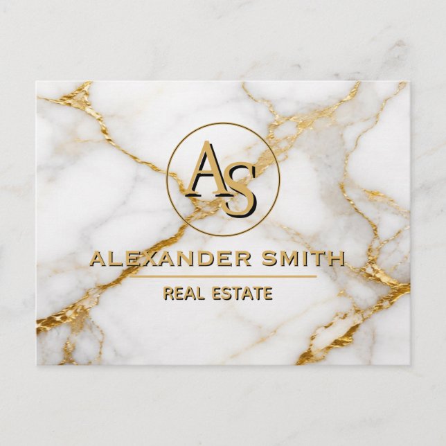 Luxury White Marble Gold Monogram Real Estate  Vykort (Framsida)