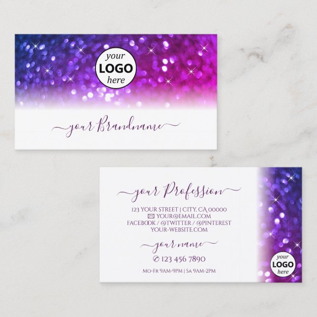 Luxury White Rosa Lila Gnistra Glitter med Logotyp Visitkort (Fram/baksida)
