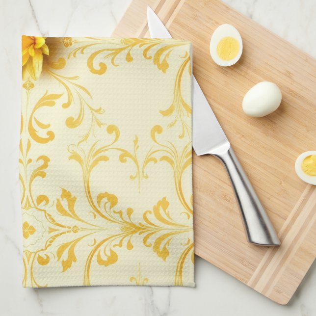 Luxury Yellow Tulip Damask Easter Kitchen Towel Kökshandduk (Vikt i Fjärdedel)