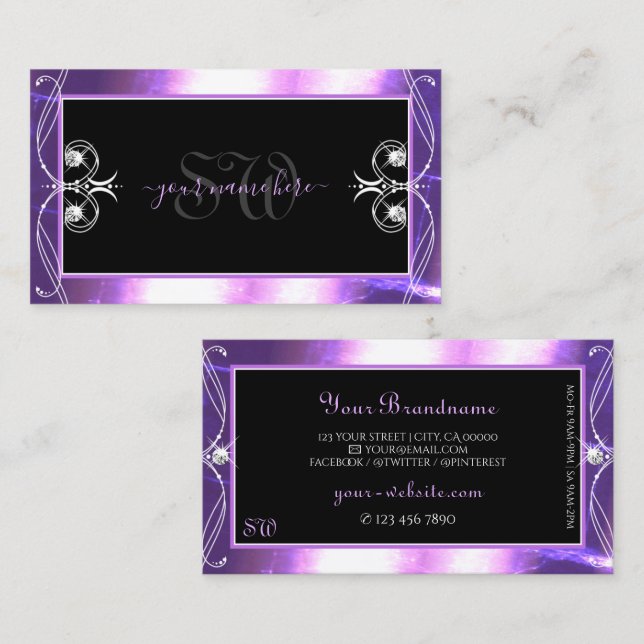 Luxuy Ornate Black Lila Gnistra Jewels Initialer Visitkort (Fram/baksida)